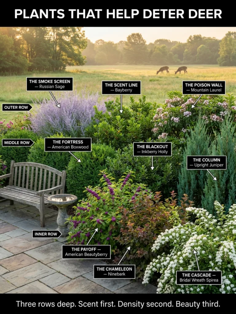 An infographic illustrating deer-deterring plants organized into three rows outer middle and inner highlighting plants w