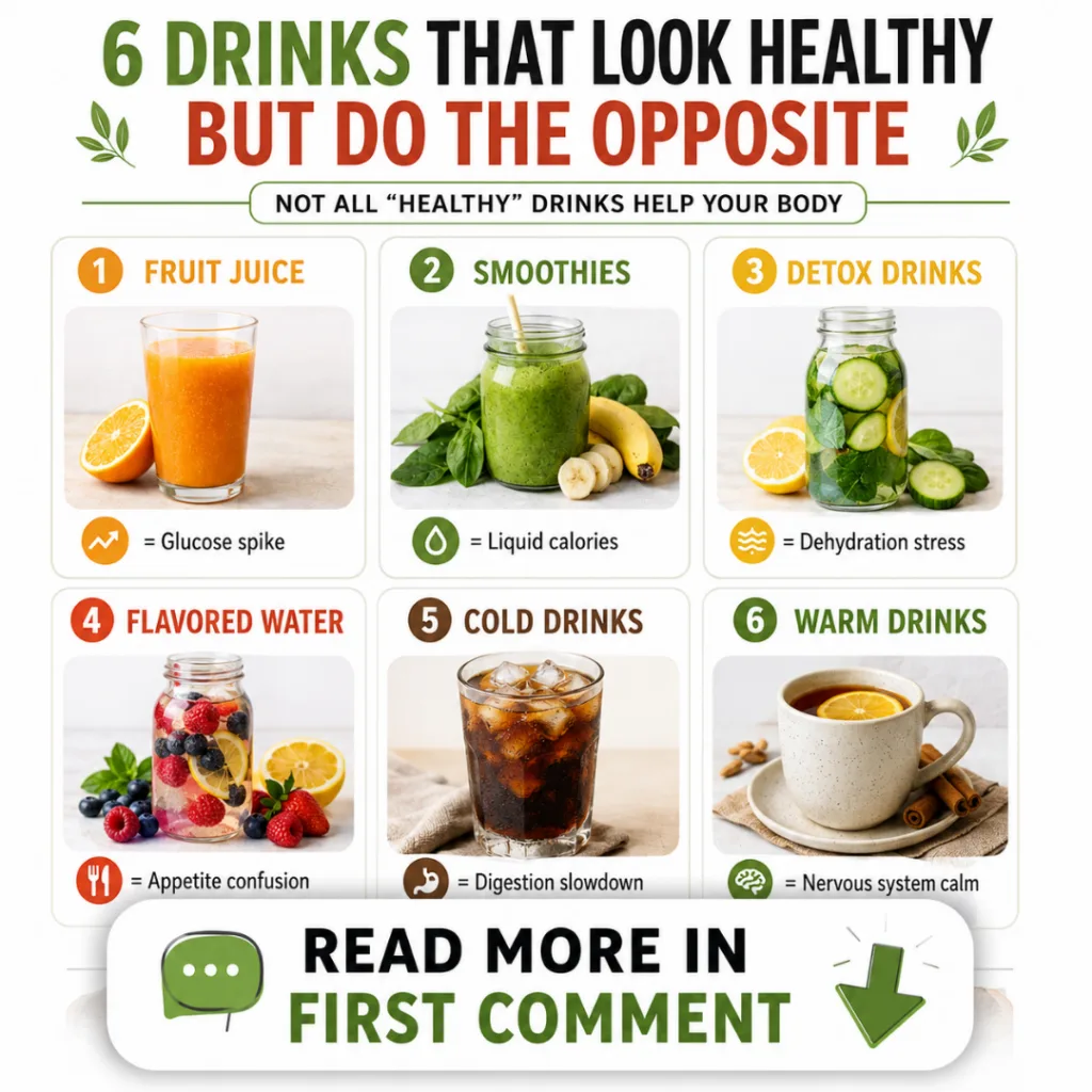 An infographic titled 6 DRINKS THAT LOOK HEALTHY BUT DO THE OPPOSITE showing six panels with different beverages and the