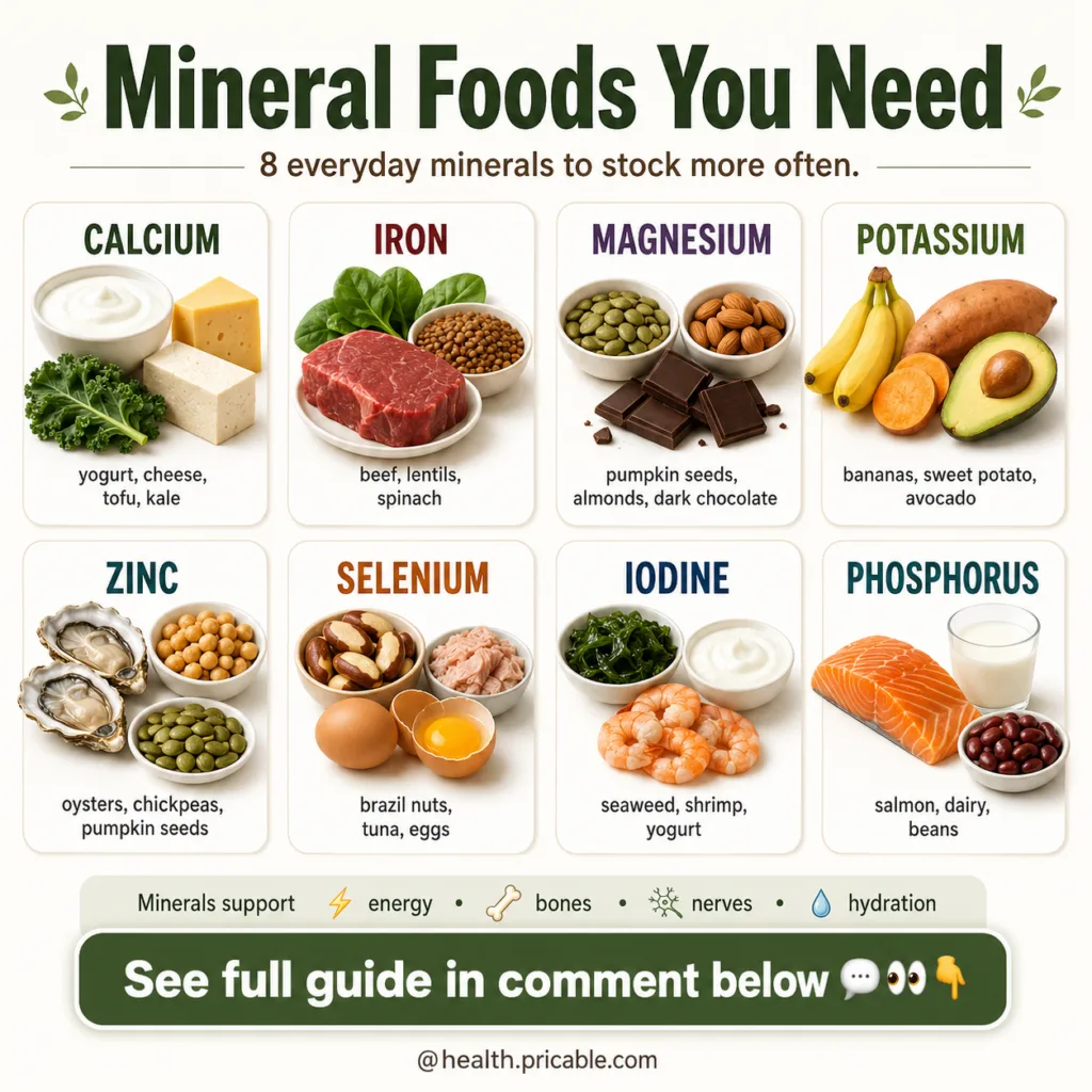 A visually appealing infographic showcasing 8 essential minerals Magnesium Potassium Calcium Iron Zinc Selenium Iodine a