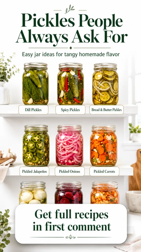 A collection of nine different types of homemade pickled foods in glass mason jars arranged neatly on white shelves agai