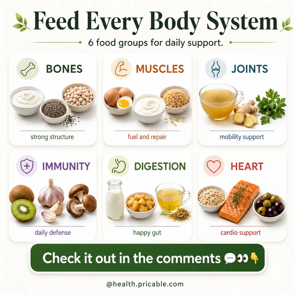 An infographic titled Feed Every Body System showing six sections for Bones Muscles Joints Immunity Digestion and Heart 