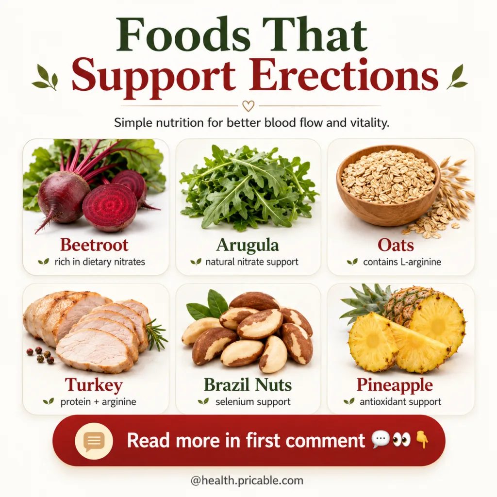 An infographic showing six different healthy food items with text explaining their benefits for blood flow and vitality 