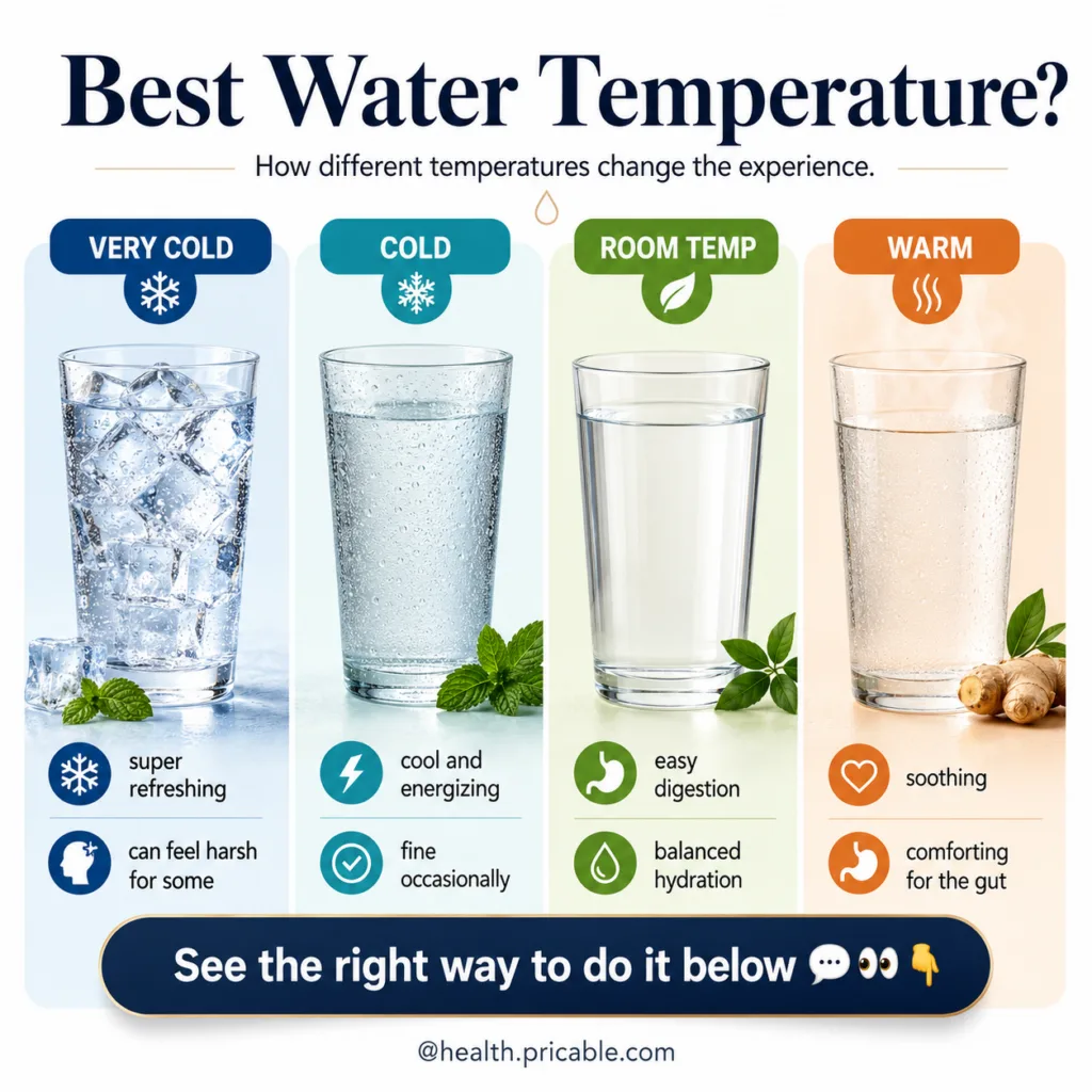 Infographic showing different water temperatures and their health effects with sections for very cold cold room temp and