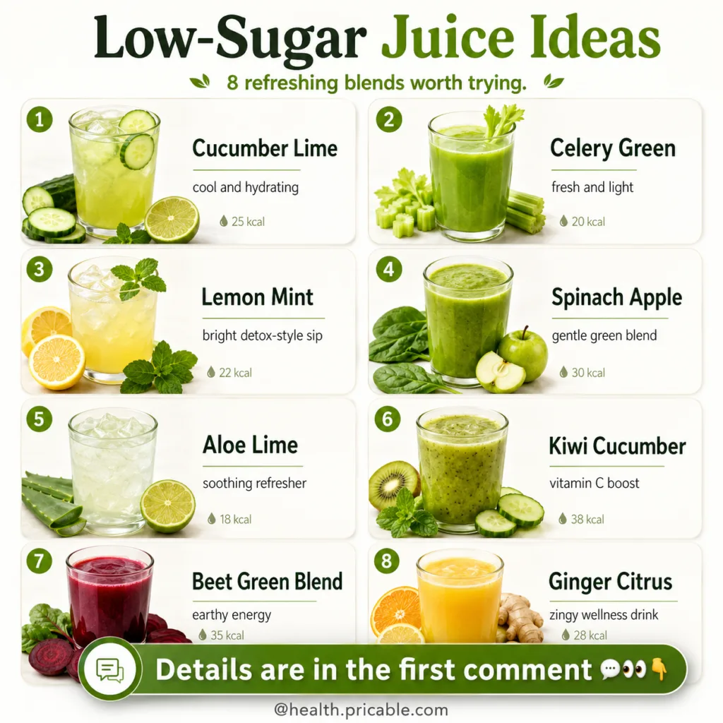 A vibrant array of eight different low-sugar juice blends in clear glasses with fresh ingredients like cucumber lime cel