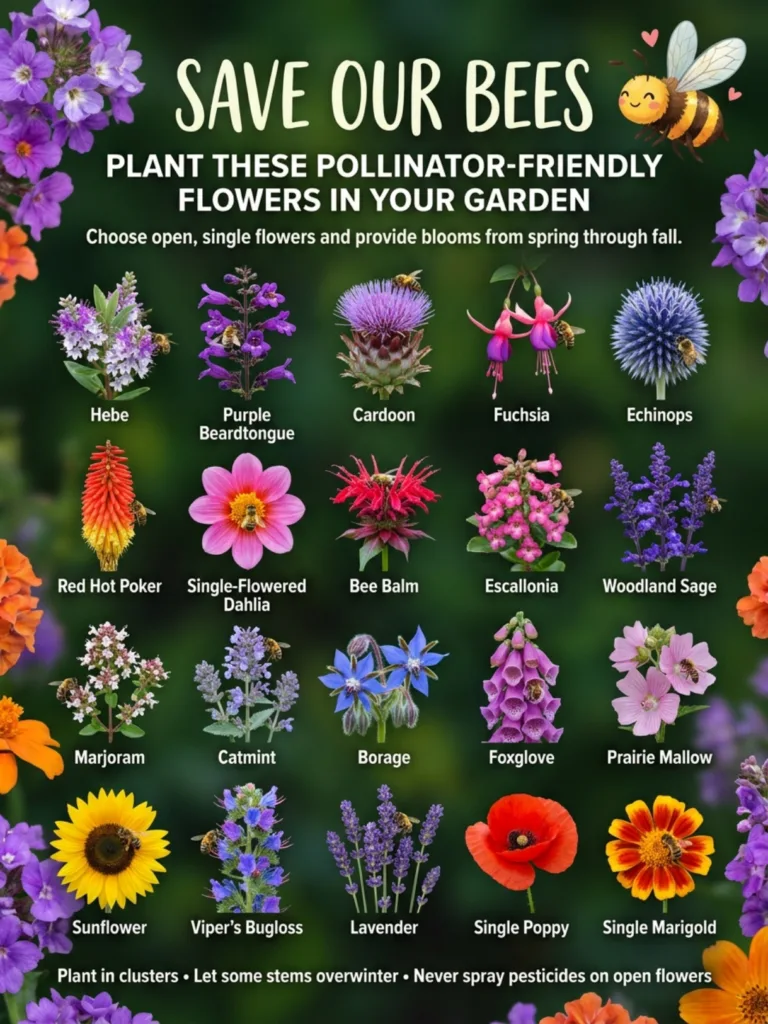 Infographic showing 20 different pollinator-friendly flowers with bees on them and tips to save bees like Plant in clust