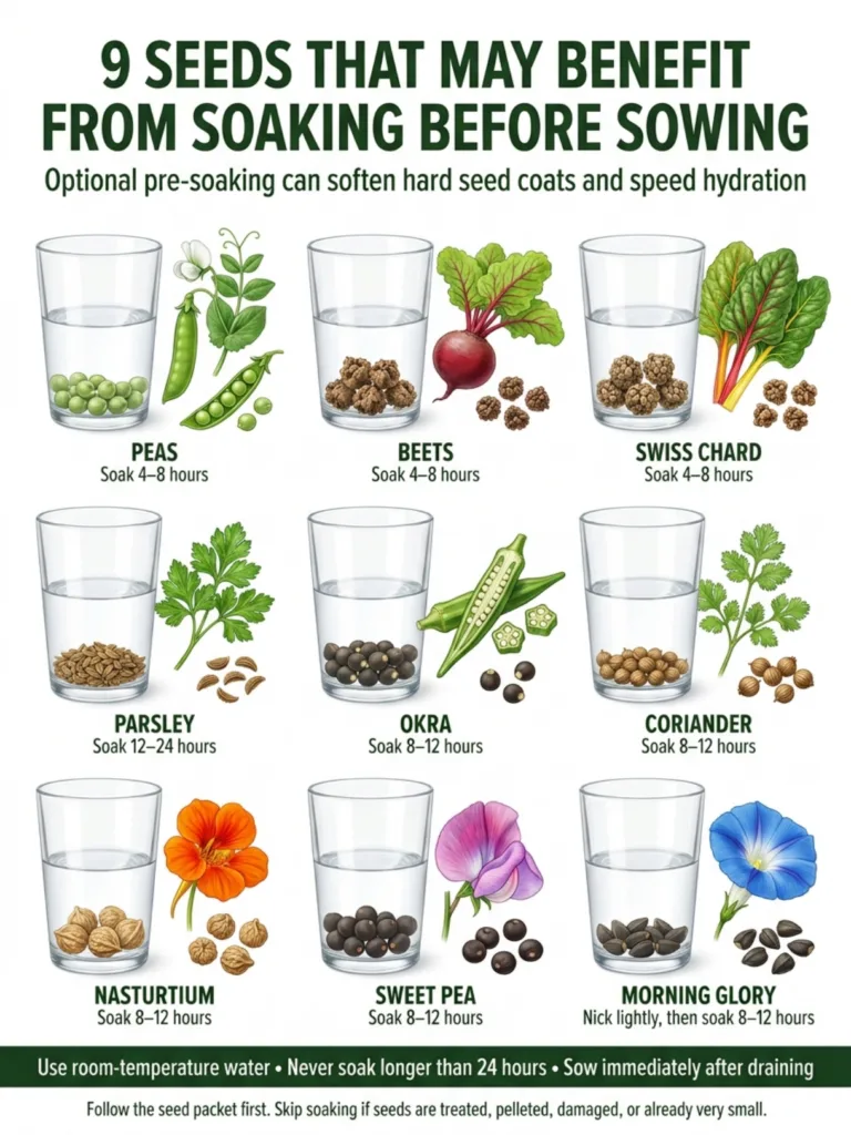 An educational graphic showing 9 different types of seeds soaking in water in clear glasses with their respective plants