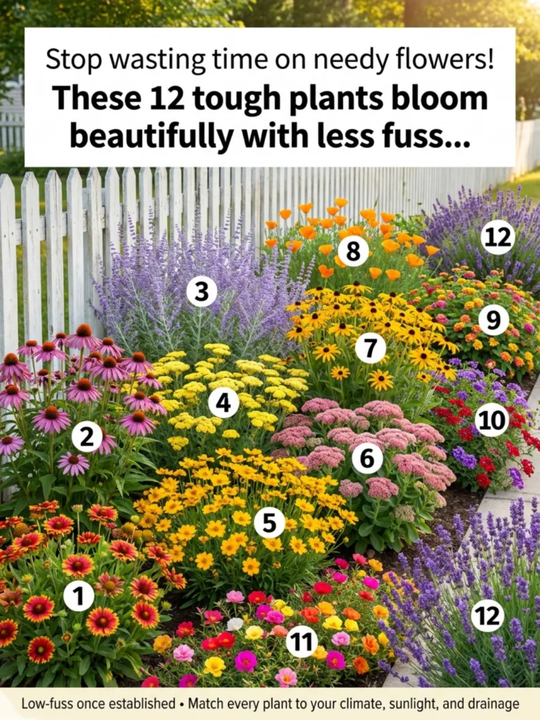 A vibrant garden bed filled with a diverse array of colorful low-maintenance flowering plants set against a white picket
