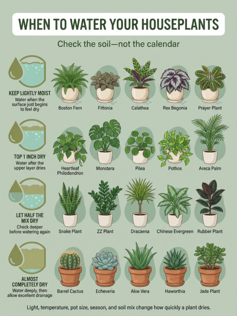 A detailed infographic titled WHEN TO WATER YOUR HOUSEPLANTS illustrating different soil moisture levels and correspondi