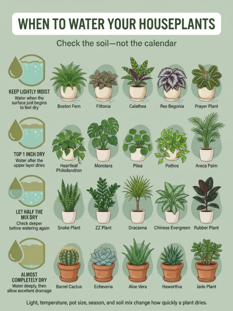 A detailed infographic titled WHEN TO WATER YOUR HOUSEPLANTS illustrating different soil moisture levels and correspondi
