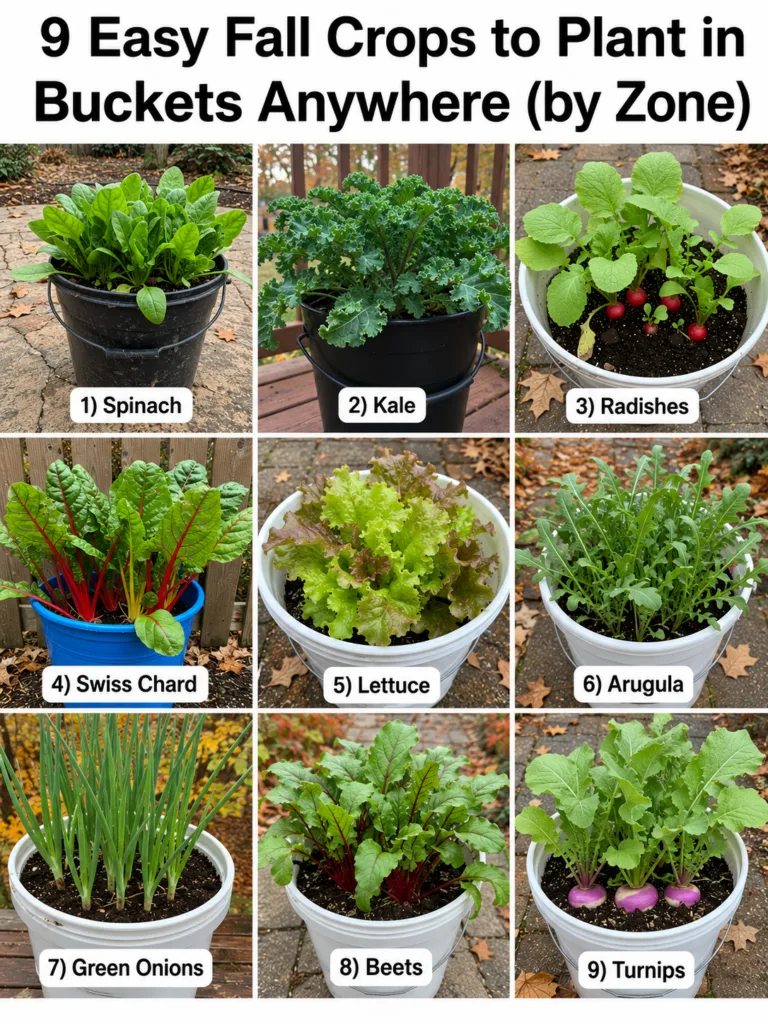 A visual guide to 9 different fall crops growing in individual buckets labeled clearly Crops include spinach kale radish