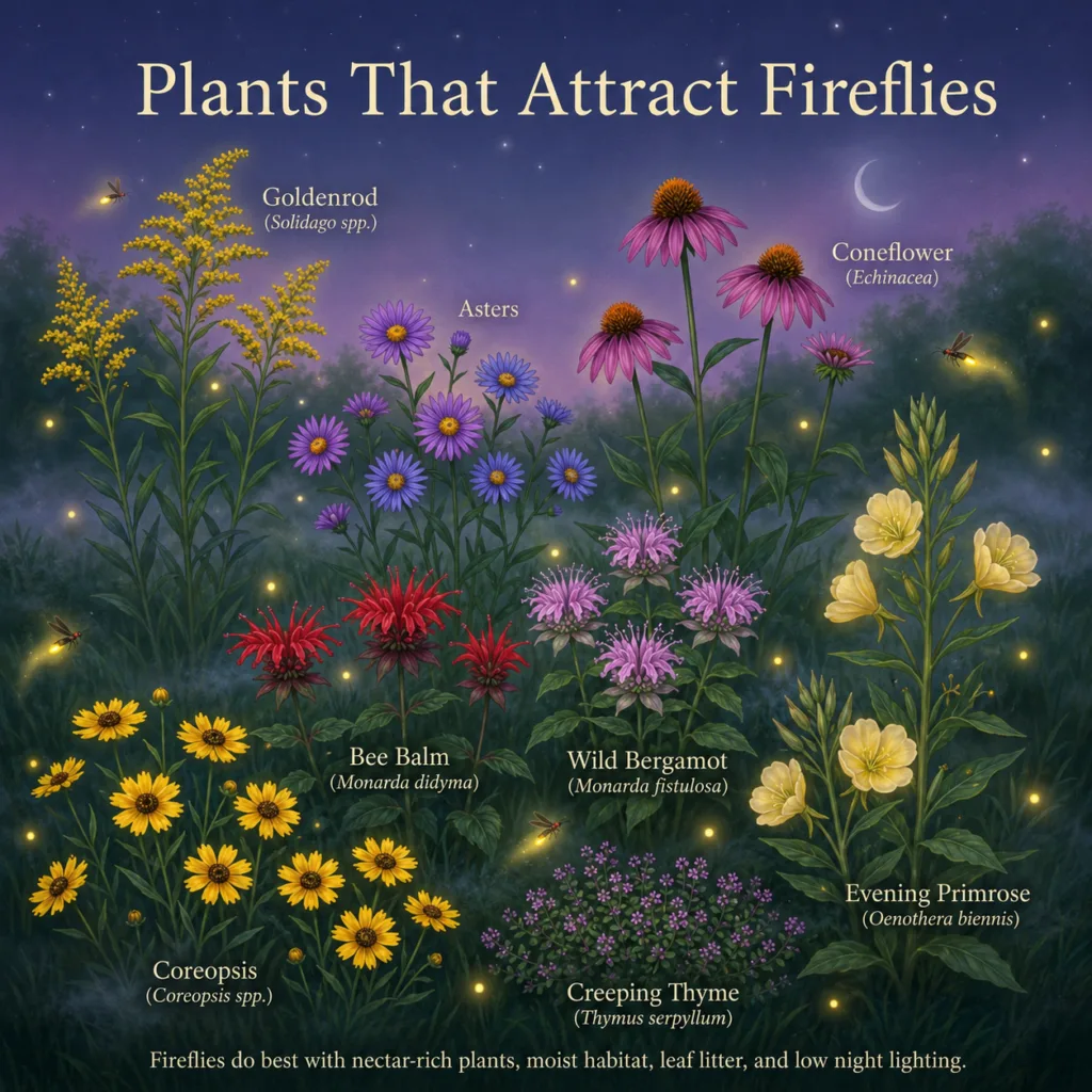 An educational illustration showcasing various plants that attract fireflies with each plant clearly labeled Fireflies a