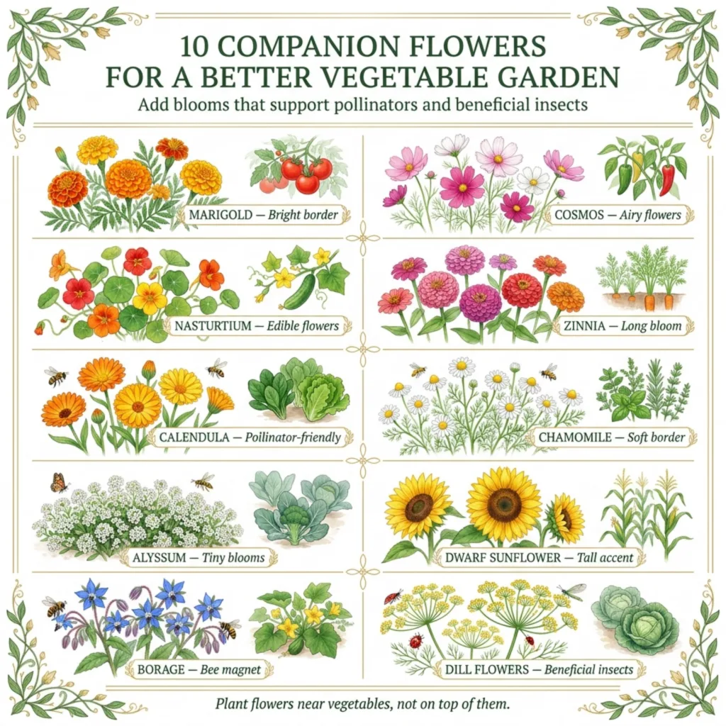 An infographic showing 10 companion flowers for a vegetable garden with their benefits including marigolds borage sunflo