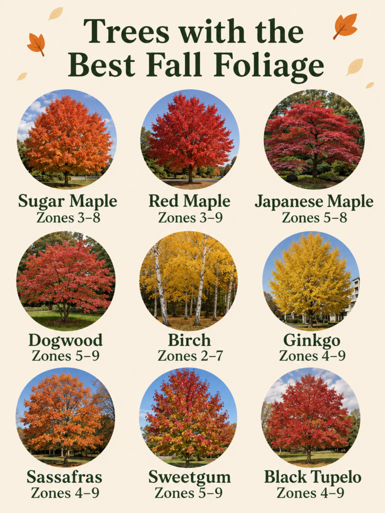 An infographic showcasing nine different tree species known for their spectacular fall foliage arranged in a 3x3 grid Ea
