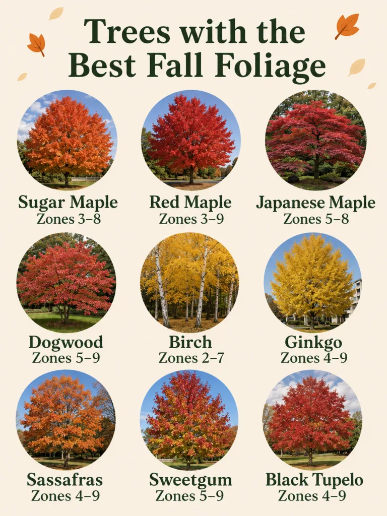 An infographic showcasing nine different tree species known for their spectacular fall foliage arranged in a 3x3 grid Ea