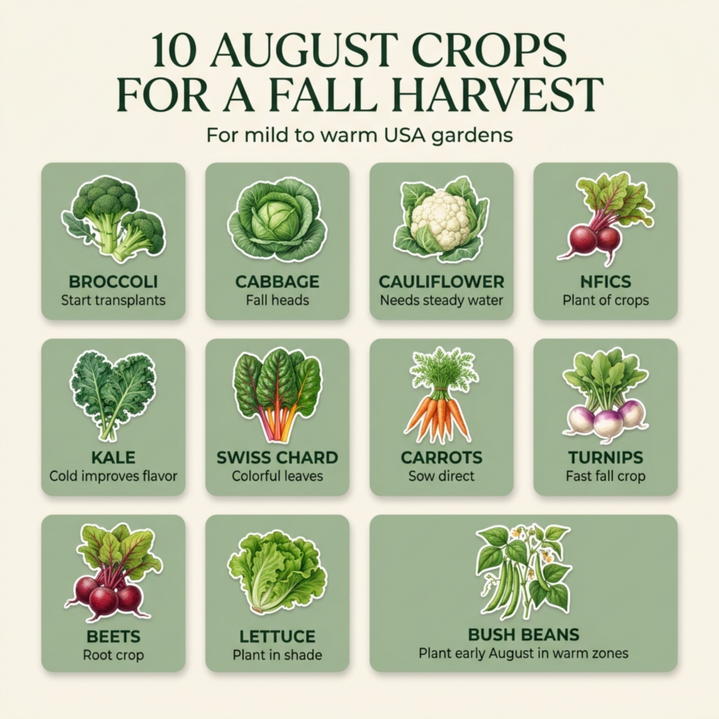 An infographic showcasing 10 different cool-season vegetables suitable for planting in August for a fall harvest each wi