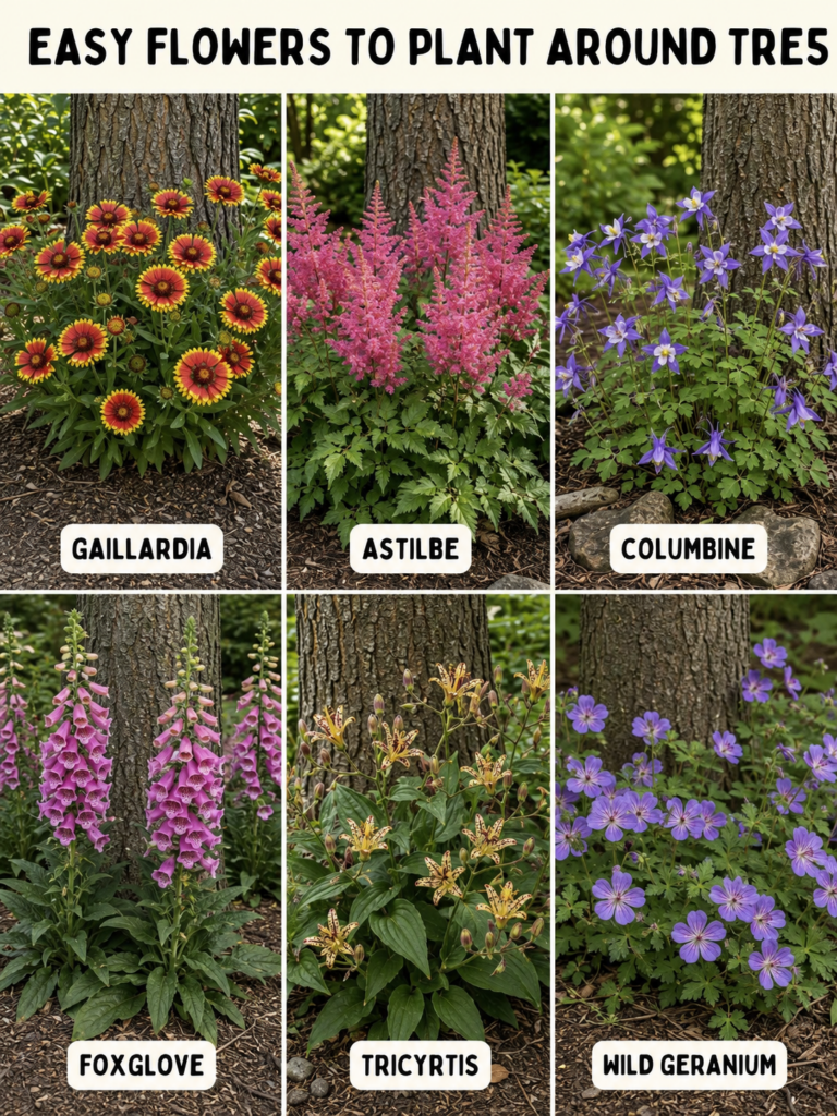 A collage of six different easy-to-grow flowering plants suitable for planting around tree bases Gaillardia Astilbe Colu