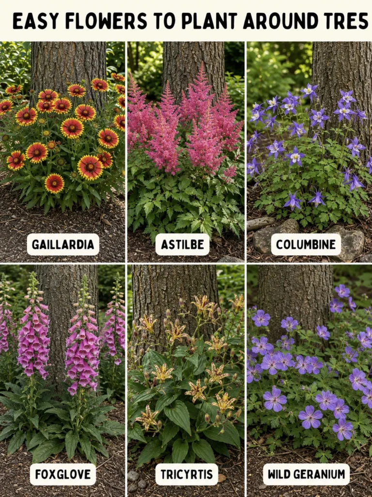 A collage of six different easy-to-grow flowering plants suitable for planting around tree bases Gaillardia Astilbe Colu