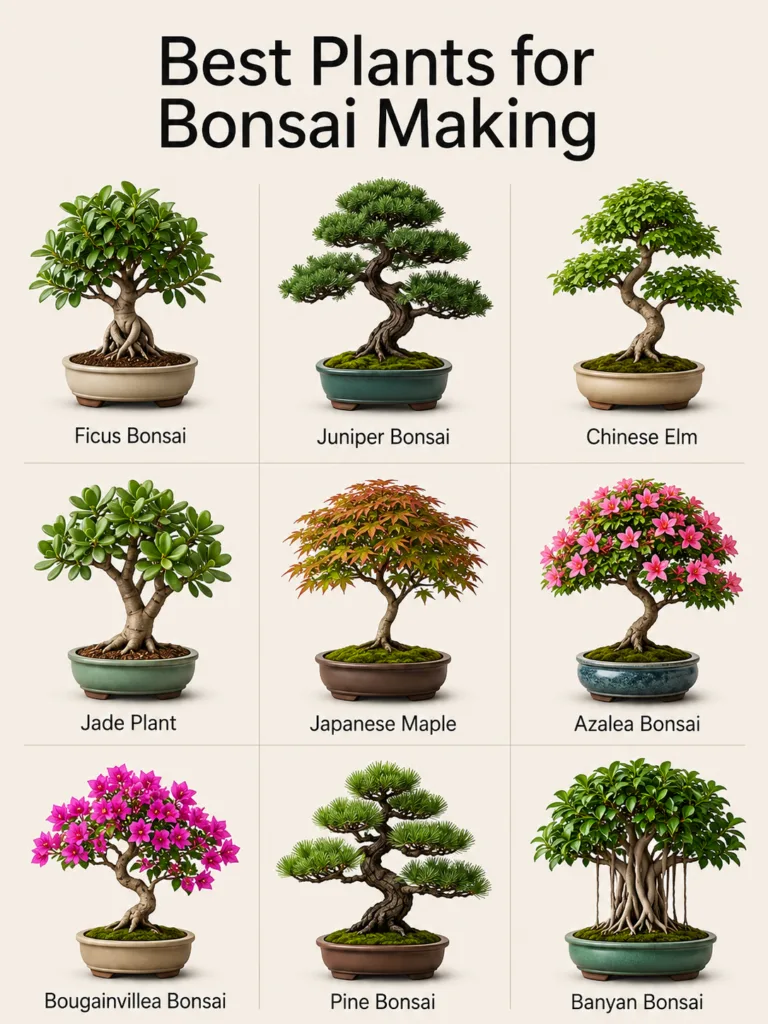 An infographic showing nine different types of plants suitable for bonsai each in a ceramic pot with its common name lab