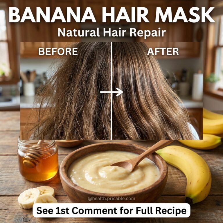 Before and after comparison of frizzy dry hair transforming into smooth shiny healthy hair after using a banana hair mas