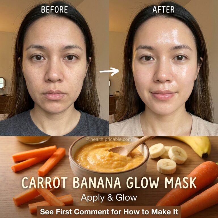 A before-and-after comparison of a woman s face showing improved skin radiance alongside a flat lay of carrots bananas a