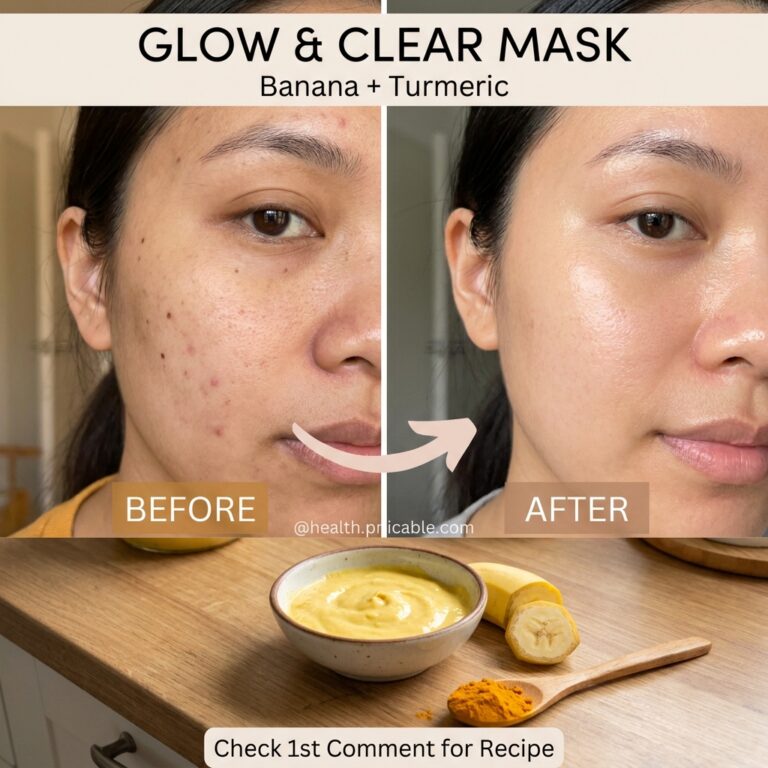 A before and after comparison of a woman s face showing clearer more radiant skin after using a banana and turmeric mask