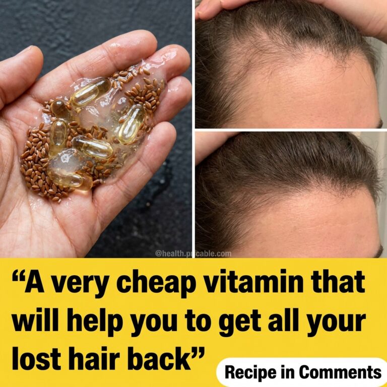 A multi-panel graphic showing a hand holding flax seeds flaxseed gel and vitamin E capsules alongside before and after i