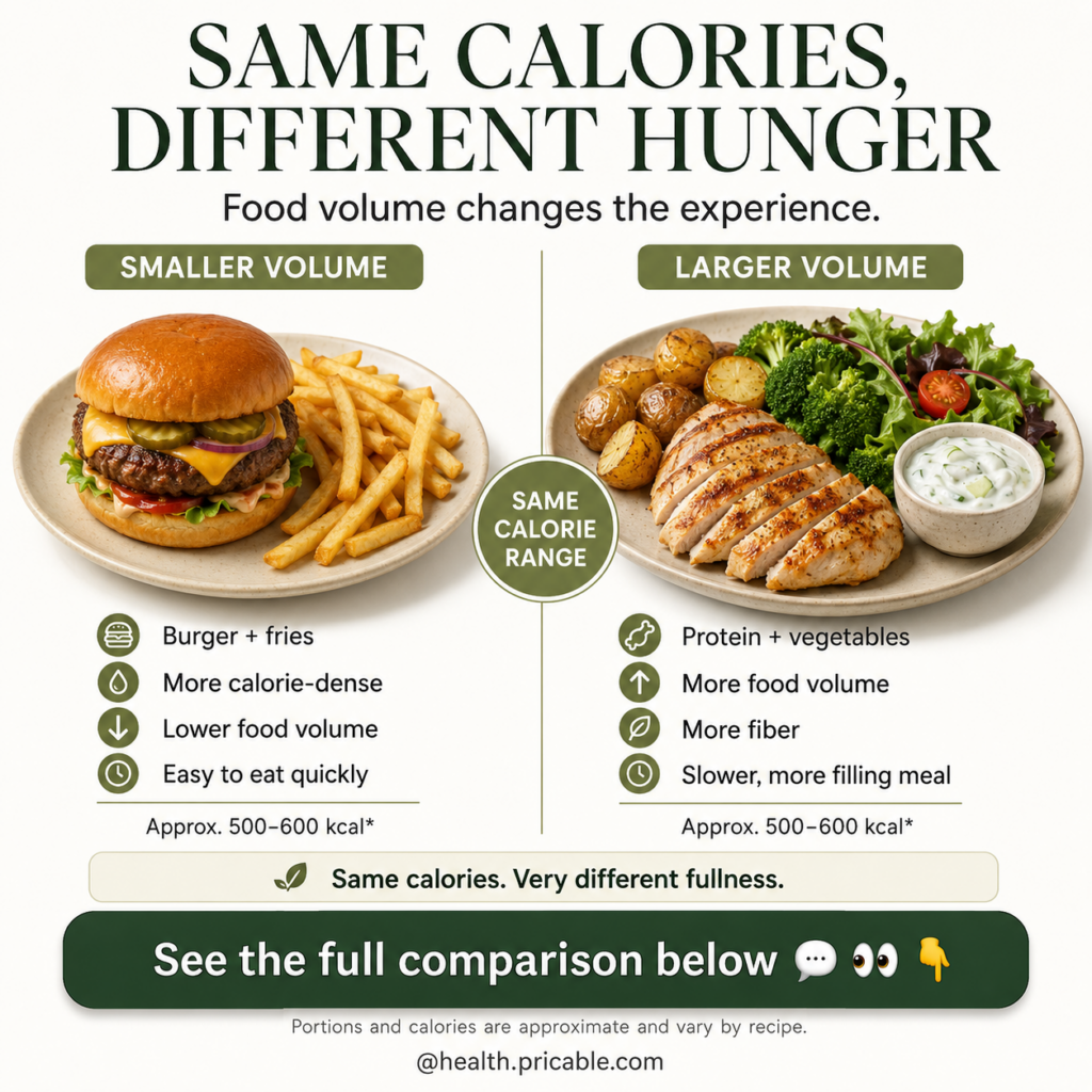 Infographic showing a comparison between a small volume high-calorie meal burger and fries and a large volume same-calor