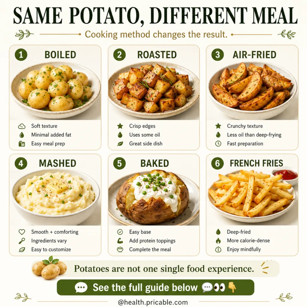An infographic showing six different potato dishes boiled roasted air-fried mashed baked french fries originating from t