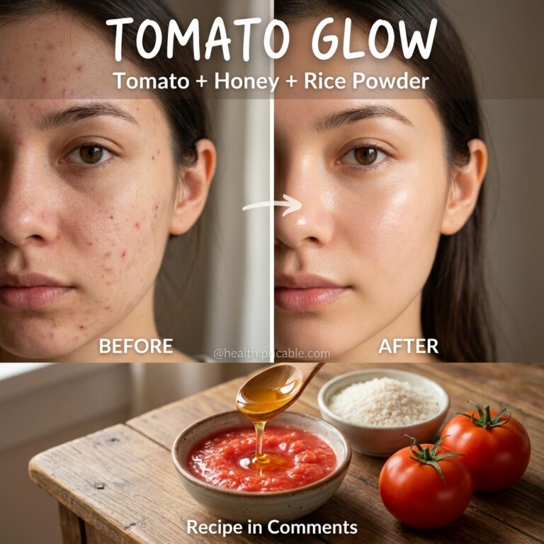A split image showing a before face with blemishes and an after face with clear radiant skin Below it a flat lay of fres