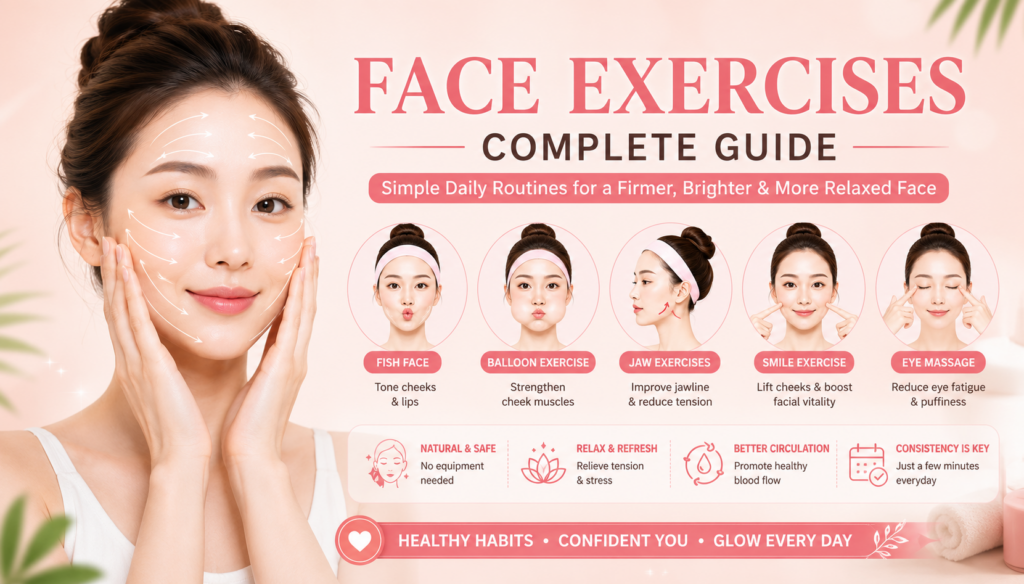 An infographic summarizing facial exercises showing a woman s radiant face with arrows indicating massage motions and fi