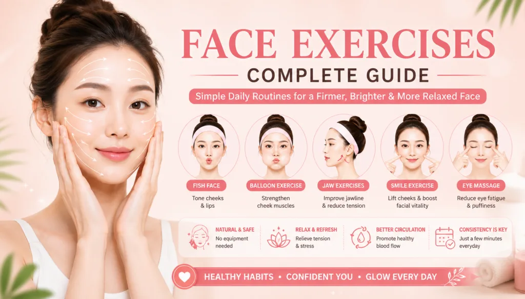 An infographic summarizing facial exercises showing a woman s radiant face with arrows indicating massage motions and fi