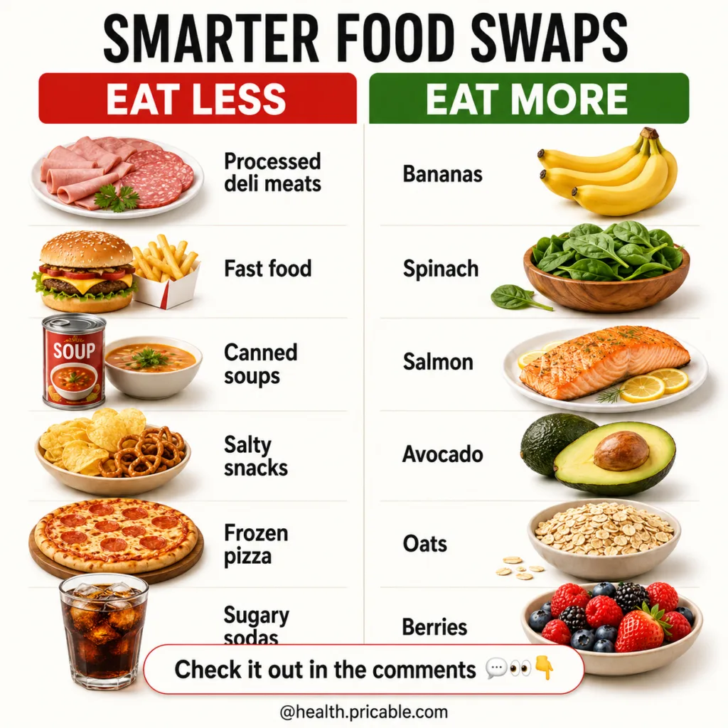 An infographic titled Smarter Food Swaps showing two columns Eat Less processed deli meats fast food canned soups salty 