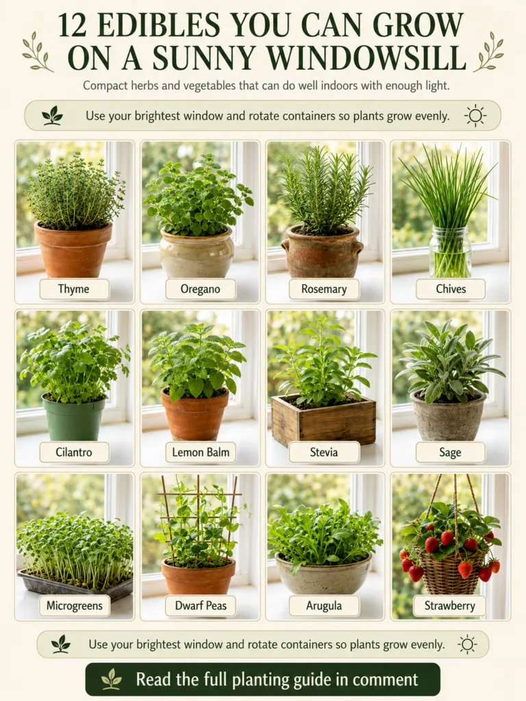 An infographic showing 12 different edible plants Thyme Oregano Rosemary Chives Cilantro Lemon Balm Stevia Sage Microgre