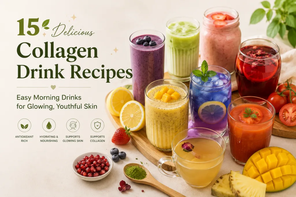 A high-angle shot of 15 diverse and colorful collagen-supporting drinks artfully arranged with fresh ingredients like st