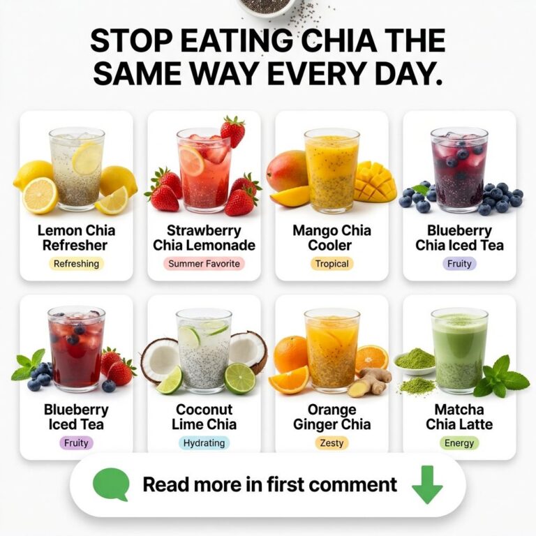 A grid showing eight different vibrant chia seed drink recipes each in a clear glass with visible ingredients like lemon