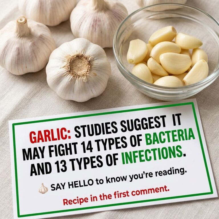 An overhead shot of whole garlic bulbs and peeled cloves in a glass bowl on a light-colored fabric with a note card deta