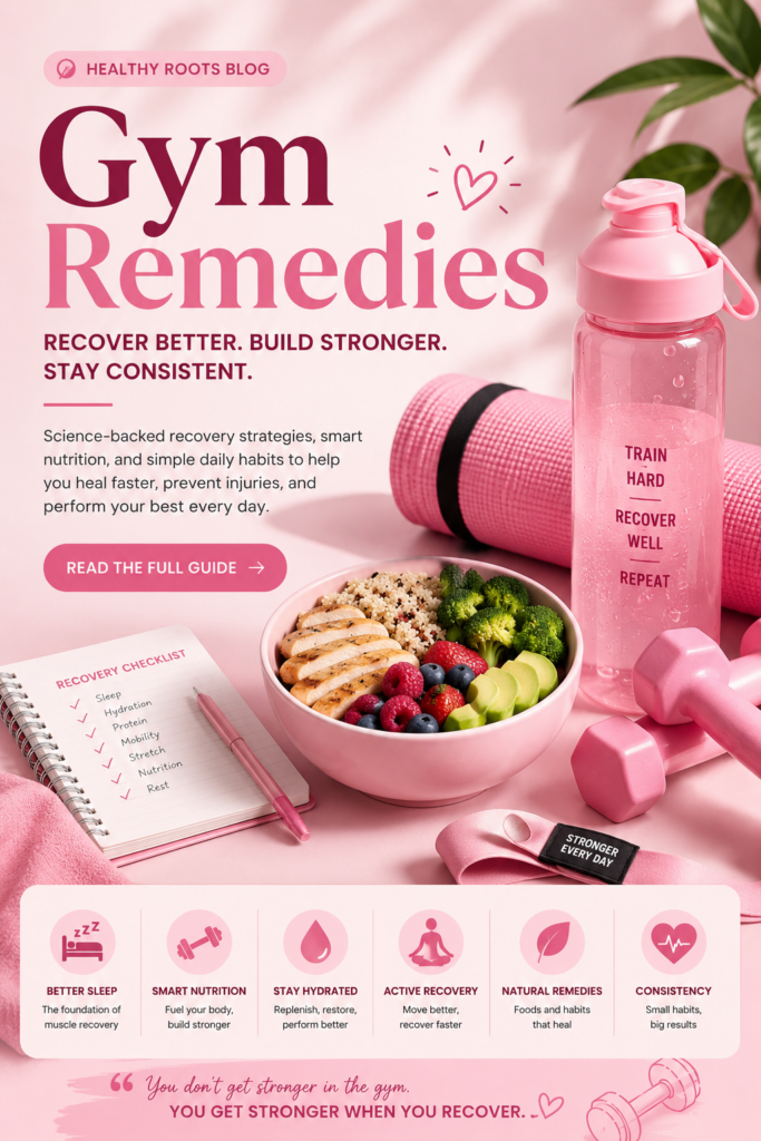 A visually appealing flat-lay graphic illustrating gym recovery essentials fitness gear healthy food a recovery checklis