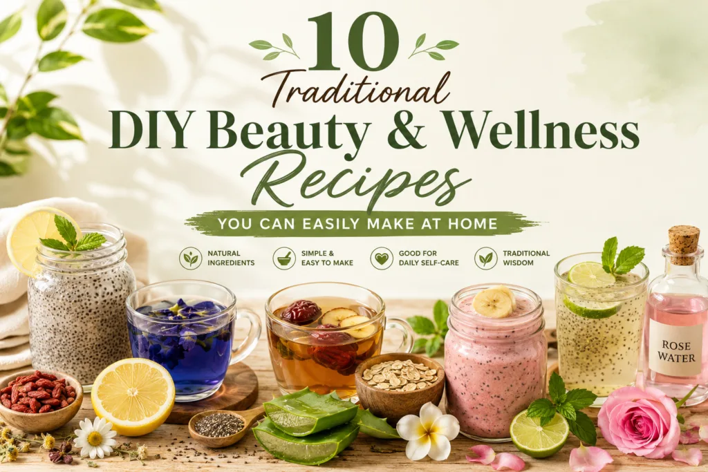 A top-down shot of various natural DIY beauty and wellness ingredients and finished products on a rustic wooden surface 