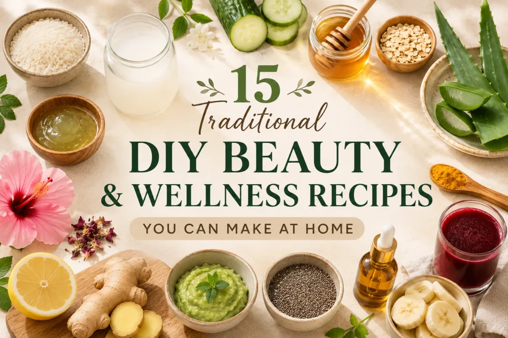A brightly lit overhead flat lay of various natural ingredients and homemade beauty wellness preparations with the title