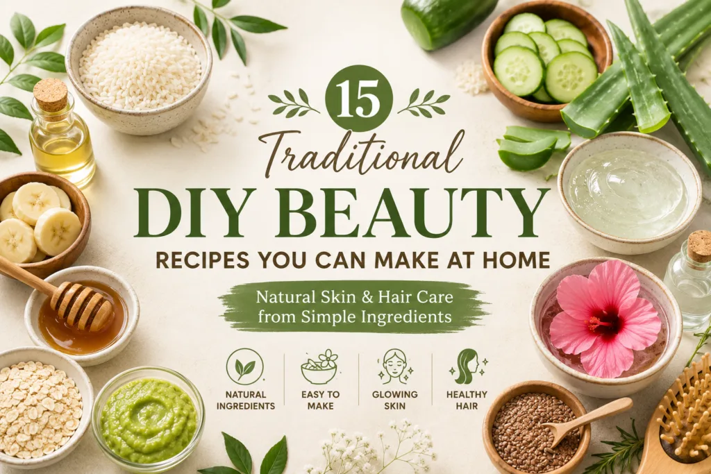 A vibrant flat lay of various natural ingredients like rice honey aloe vera bananas oats and hibiscus flowers with text 