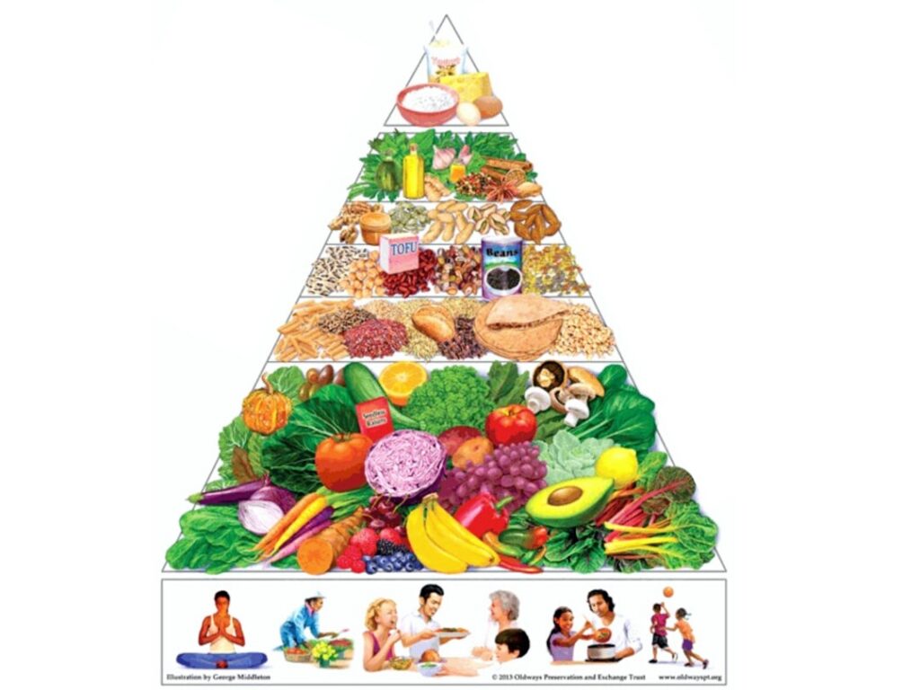 A colorful clear and easy-to-understand food chart infographic showing different food groups like proteins healthy fats