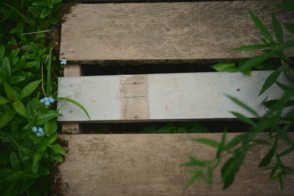 Various types of weathered wood planks and boards suitable for repurposing into a garden path showing different textures