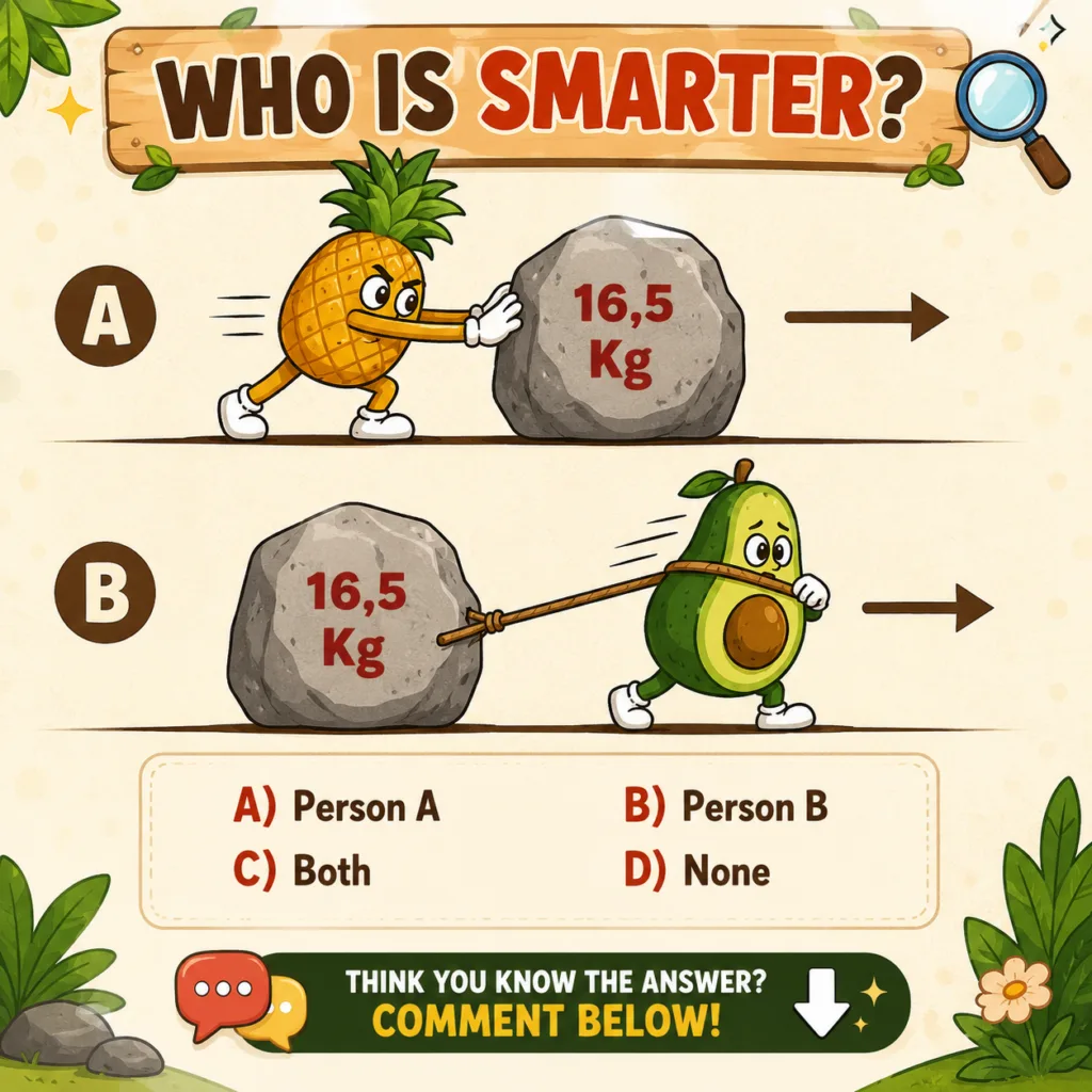 Cartoon riddle asking WHO IS SMARTER showing a pineapple pushing a rock scenario A and an avocado pulling a rock with a 