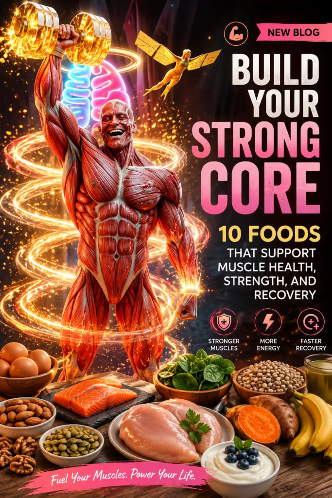 A dynamic composite image illustrating muscle health strength and recovery featuring a muscular figure lifting a dumbbel