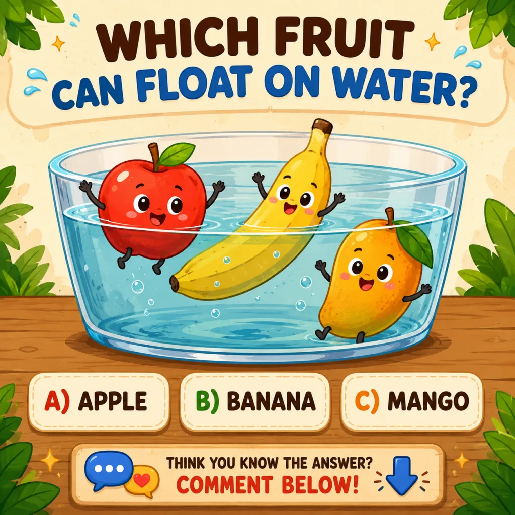 Cartoon illustration of an apple banana and mango floating or sinking in a bowl of water presented as a quiz question wi