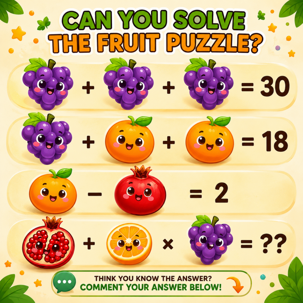 A vibrant engaging fruit-themed mathematical puzzle with grapes oranges and pomegranates as variables in equations The t