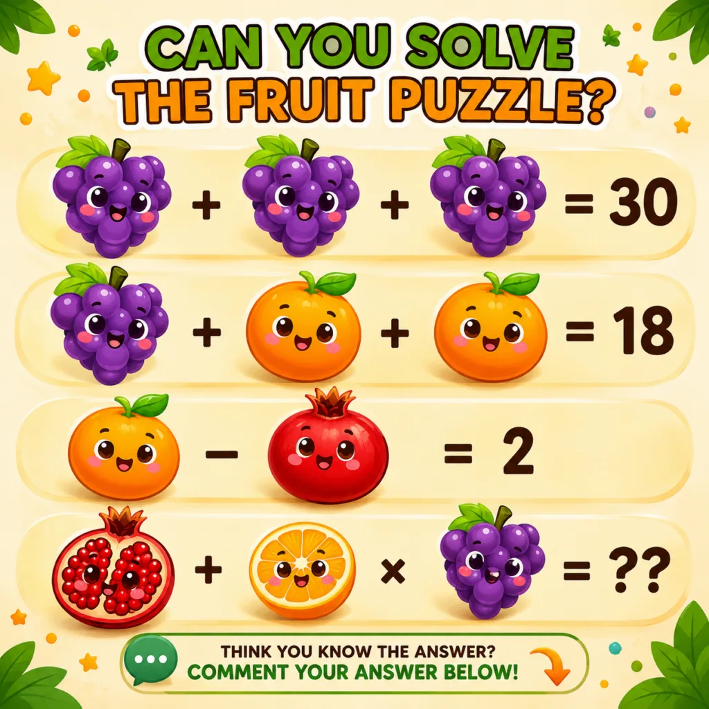 A vibrant engaging fruit-themed mathematical puzzle with grapes oranges and pomegranates as variables in equations The t