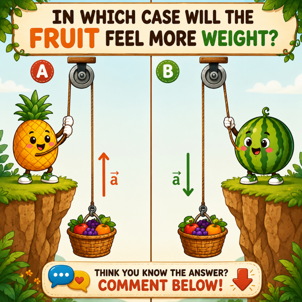 A cartoonish image presenting a physics riddle Scenario A shows an anthropomorphic pineapple pulling a rope to lift a fr