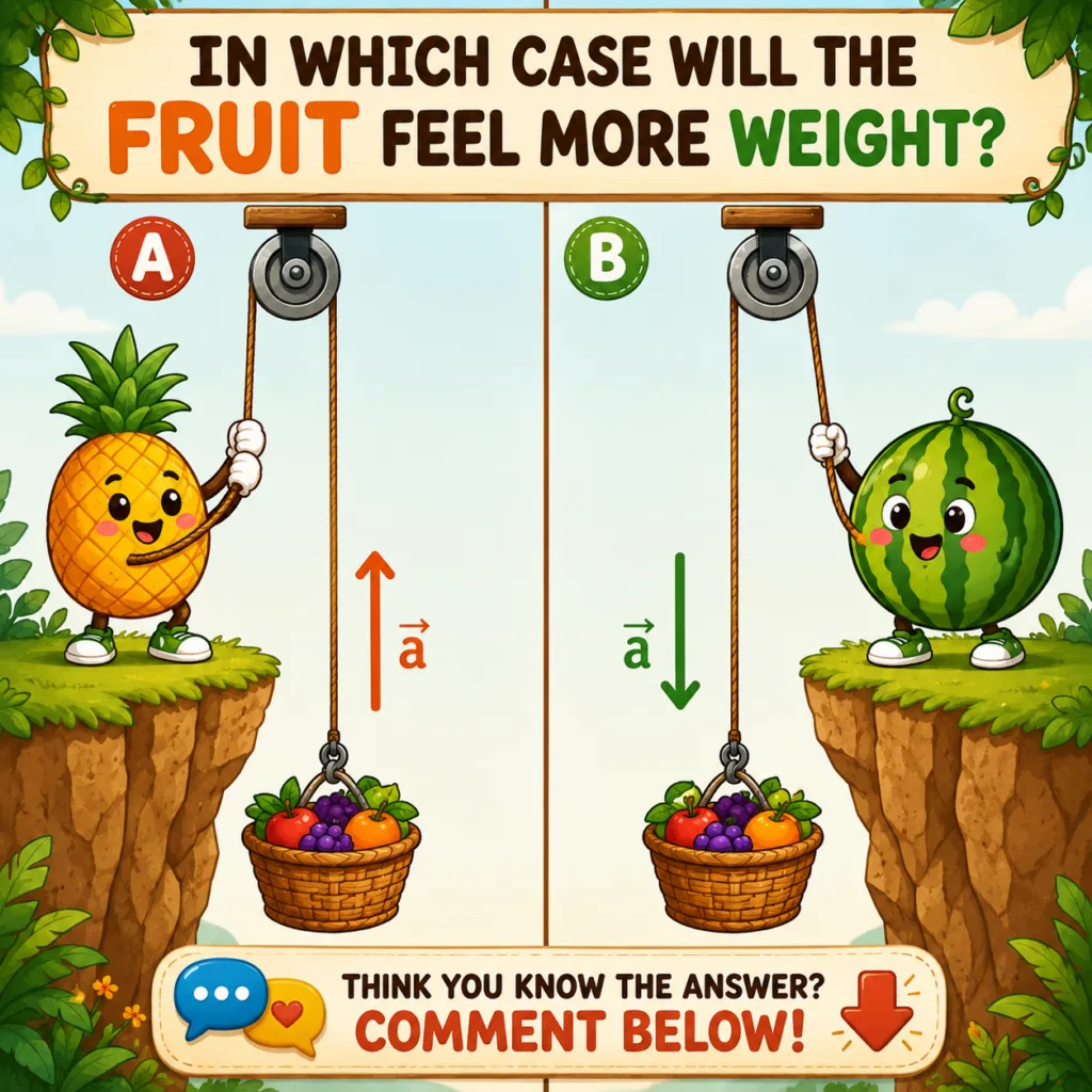 A cartoonish image presenting a physics riddle Scenario A shows an anthropomorphic pineapple pulling a rope to lift a fr
