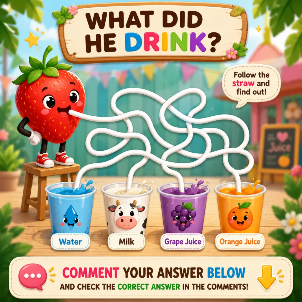 A vibrant cartoonish puzzle featuring an anthropomorphic strawberry character trying to drink from one of four cups wate